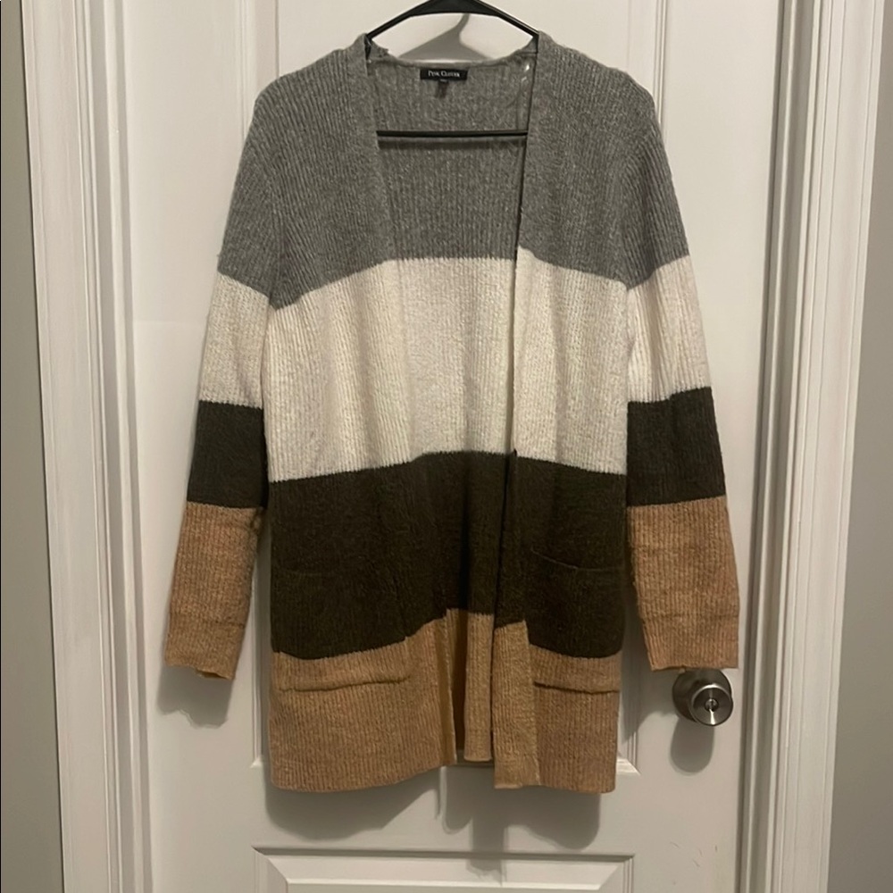 Pink Clover, M- Women's Colorblock Cardigan Sweater - Gray, White, Brown, Tan.